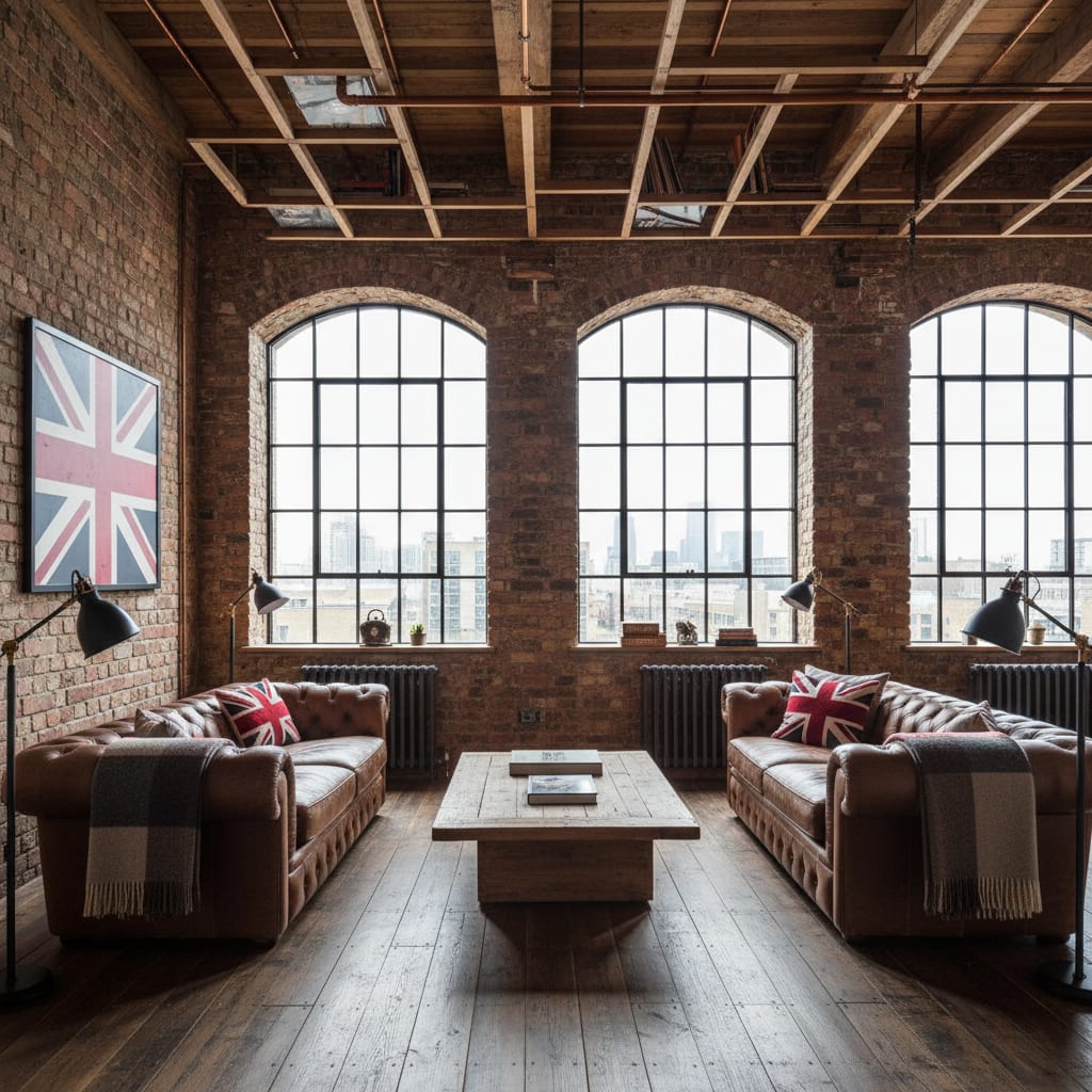 An industrial loft living room with Edison bulbs and exposed materials, designed by Architectural AI