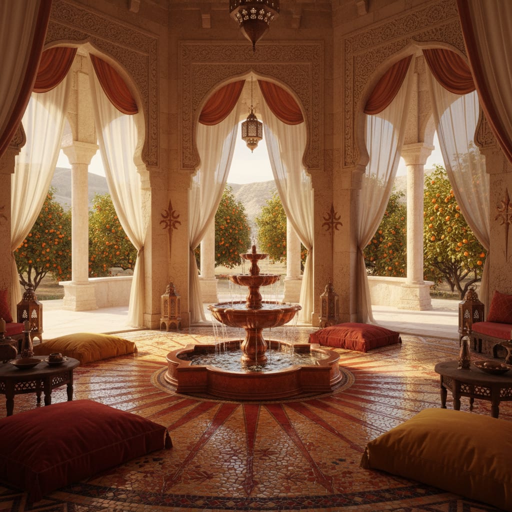 A Dorne water-gardens style room with warm plaster, patterned tiles and lush greenery, designed by Architectural AI