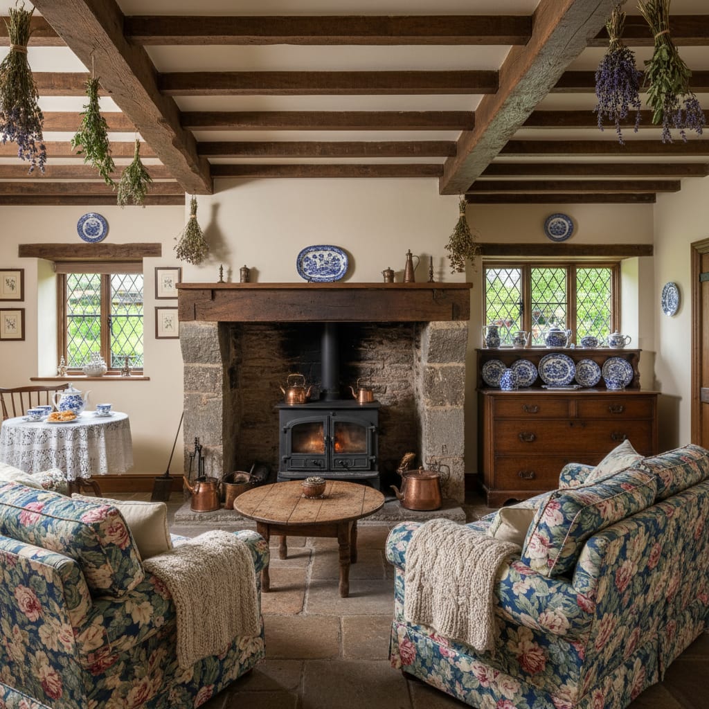 A candlelit cottage-style room with dark timber beams and warm textiles — the cosy base layer of a Gryffindor-inspired bedroom