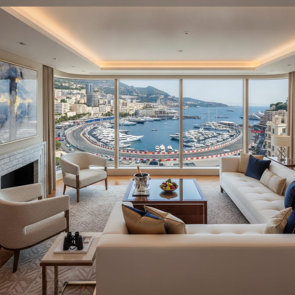 A Monaco paddock-suite style lounge with harbour glamour, designed by Architectural AI