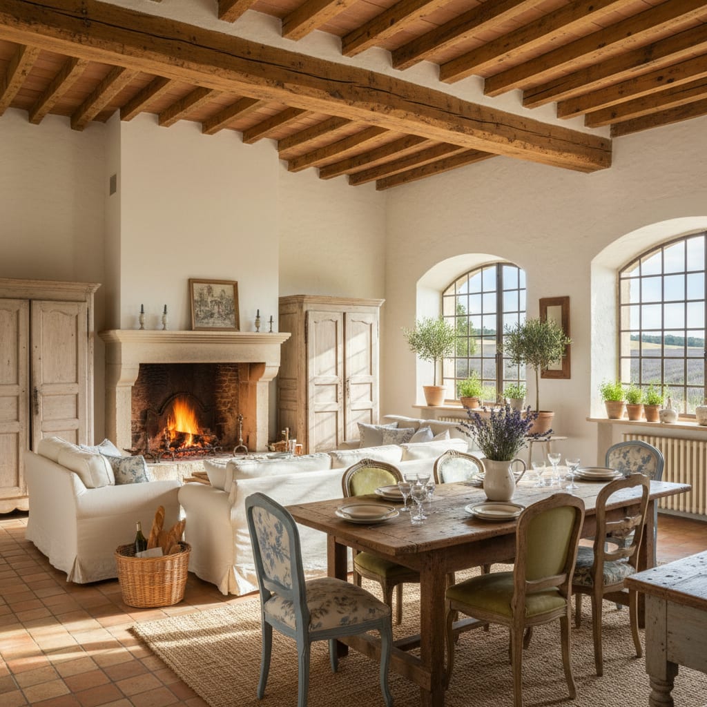 A French Provence bedroom render by Architectural AI with soft florals and painted furniture — a countryside cousin of Bridgerton bedroom ideas