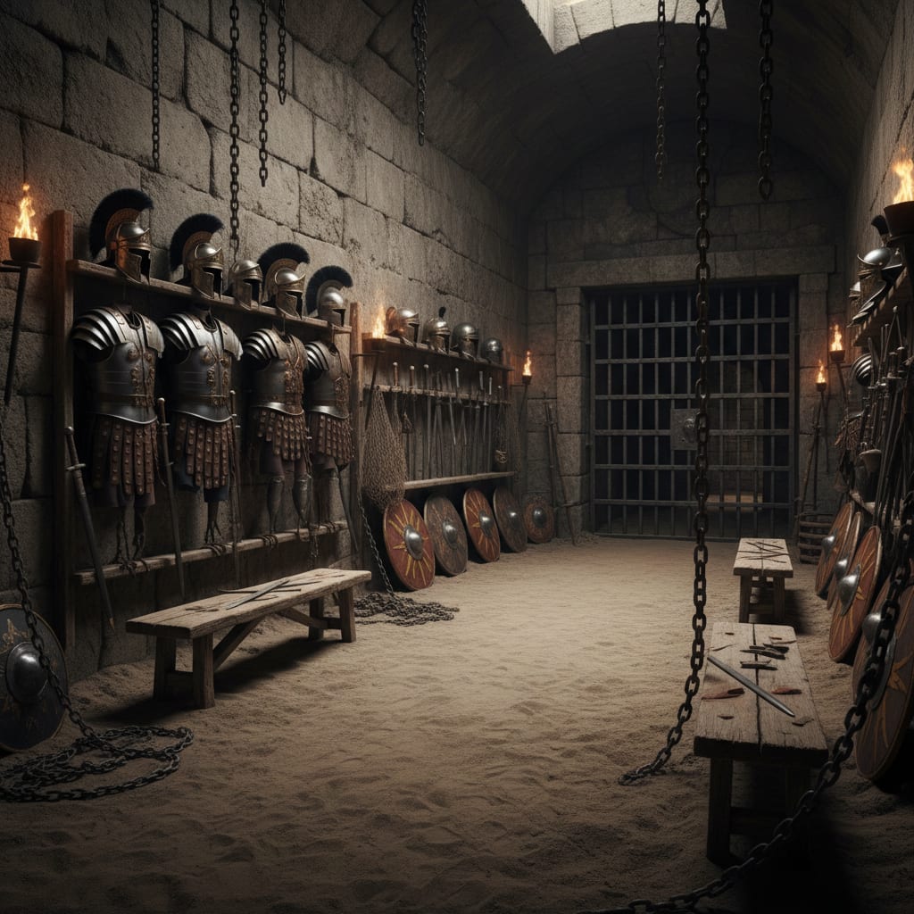 A gladiator colosseum-inspired room with torch-lit stone and imperial drama — Greek mythology room ideas taken to the arena, by Architectural AI