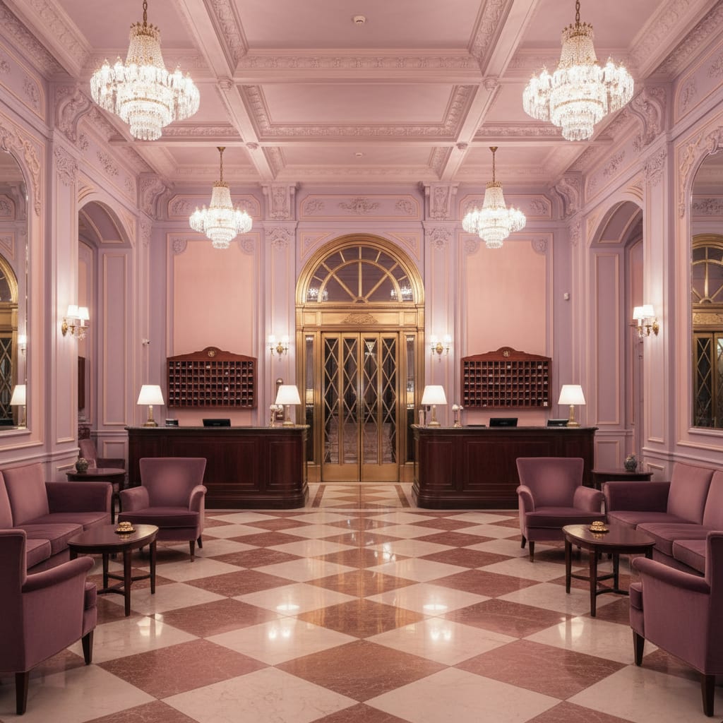 A pastel storybook-hotel interior render by Architectural AI — vintage charm that pairs sweetly with a jazz-warmed room
