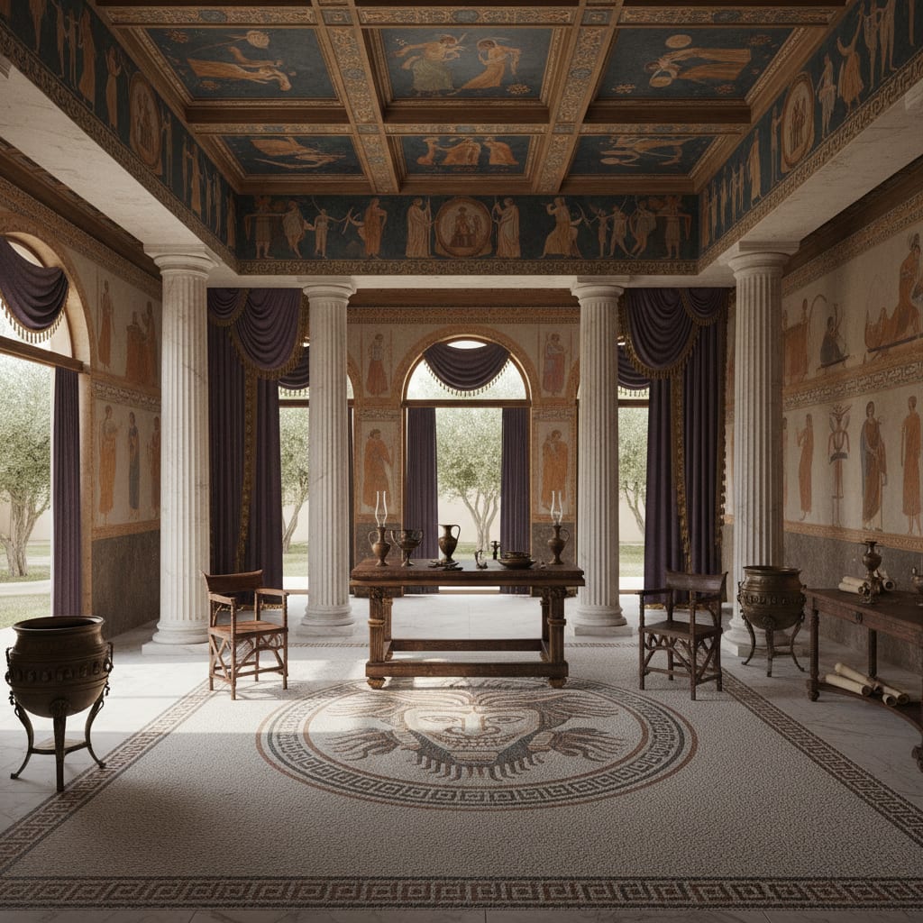 Pale stone, graceful columns and classical study elegance — the airy, scholarly foundation of a Ravenclaw-style bedroom