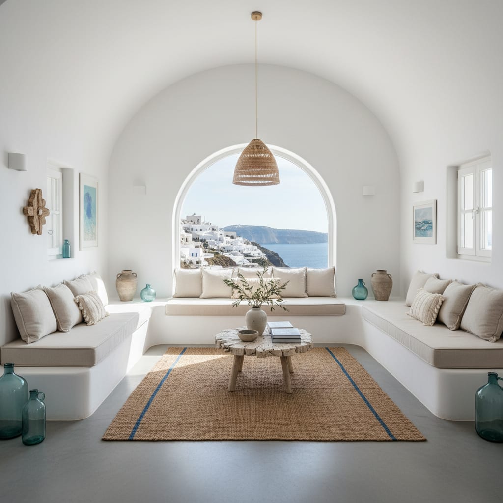 A Santorini-style whitewashed room with Aegean blue accents and sun-bleached textures, rendered by Architectural AI