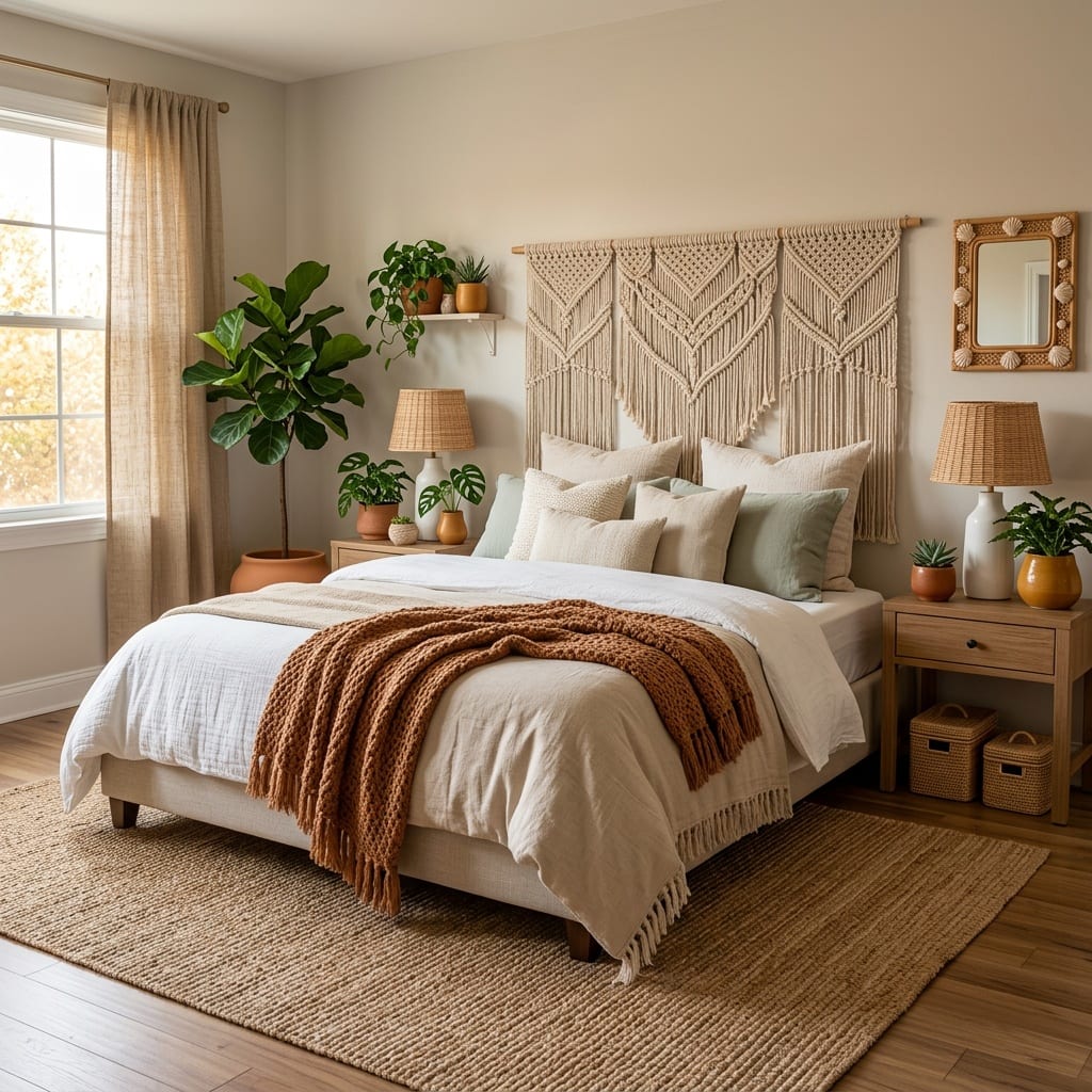 A layered bohemian bedroom with warm textiles, plants and collected objects rendered by Architectural AI, showing how dense, cosy styling stays deliberate rather than messy