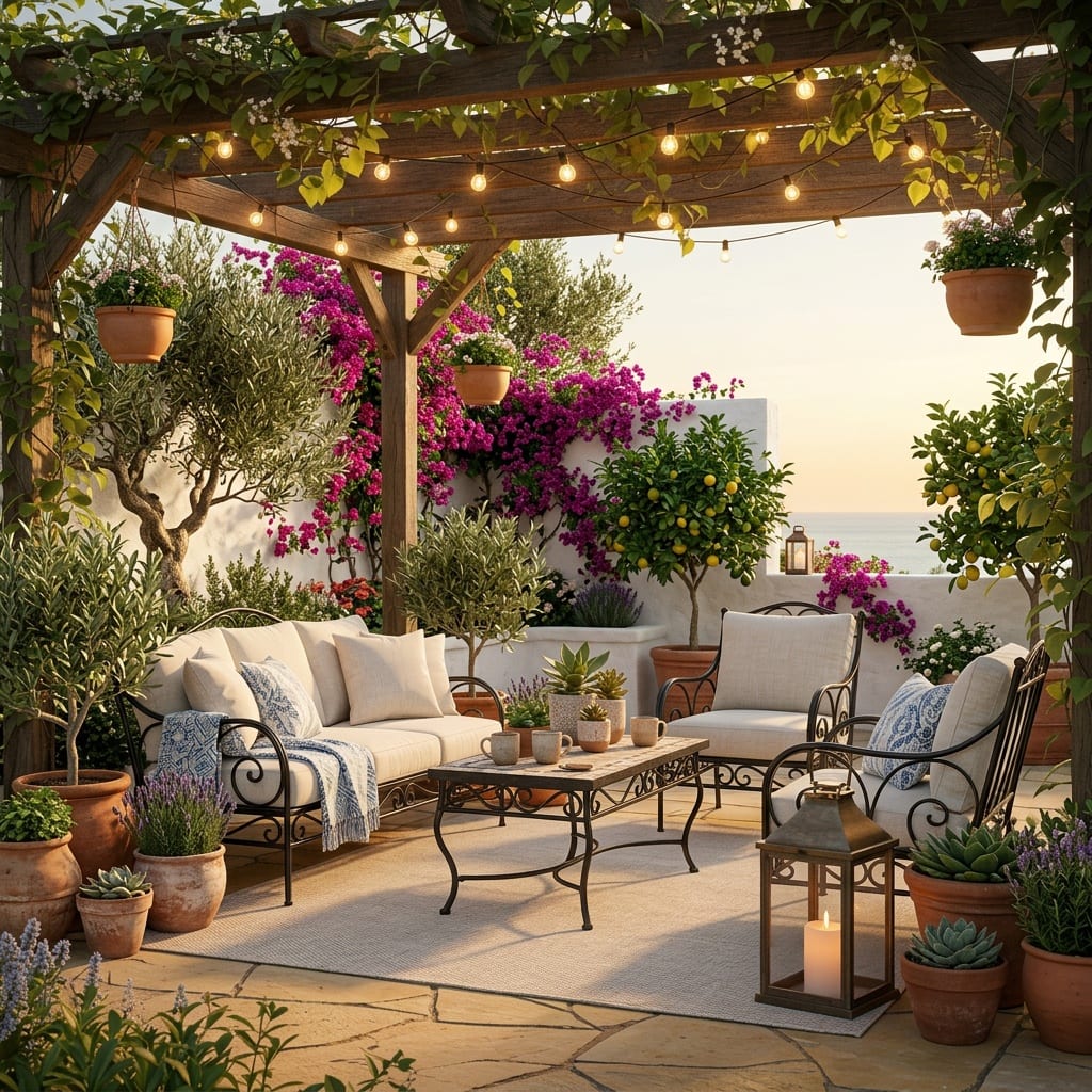 A Mediterranean garden terrace with terracotta pots and olive greenery, generated by Architectural AI