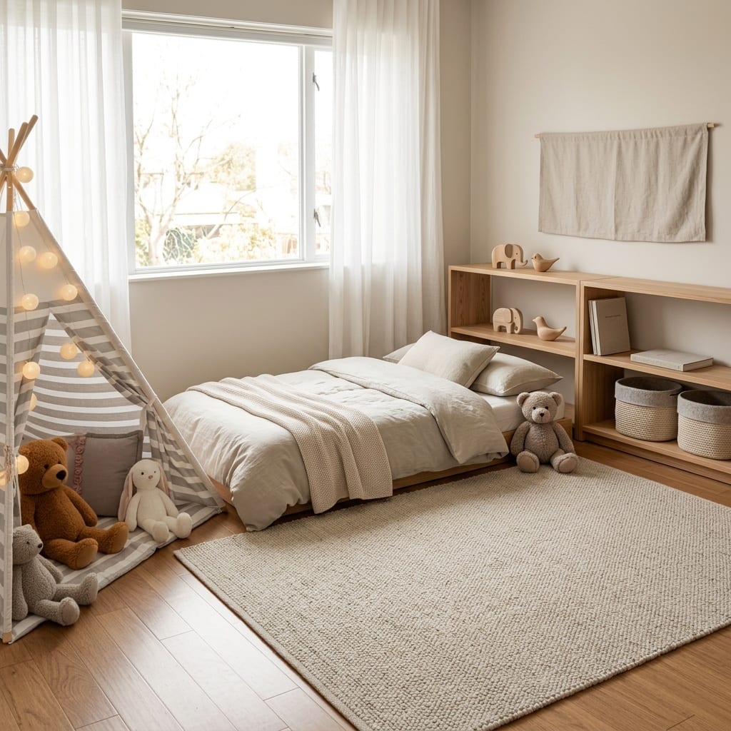 A calm Montessori-style kids' bedroom with low, sturdy, child-height furniture rendered by Architectural AI, showing the safe, floor-focused layout that suits a Minecraft bedroom