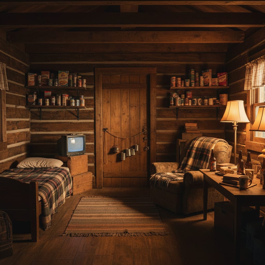 A rustic cabin hideout bedroom with warm timber and vintage 80s furnishings, designed by Architectural AI