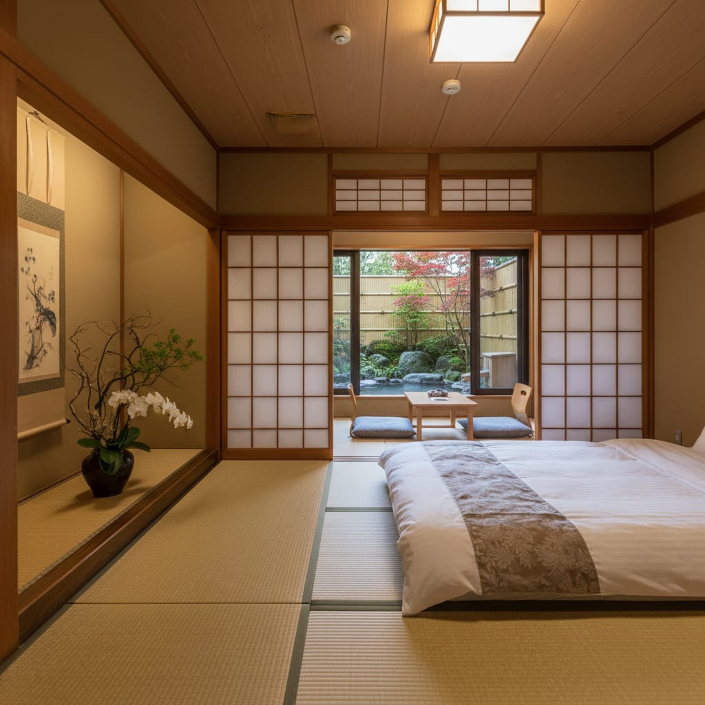 A Japanese ryokan-style timber veranda opening onto a tranquil garden, generated by Architectural AI