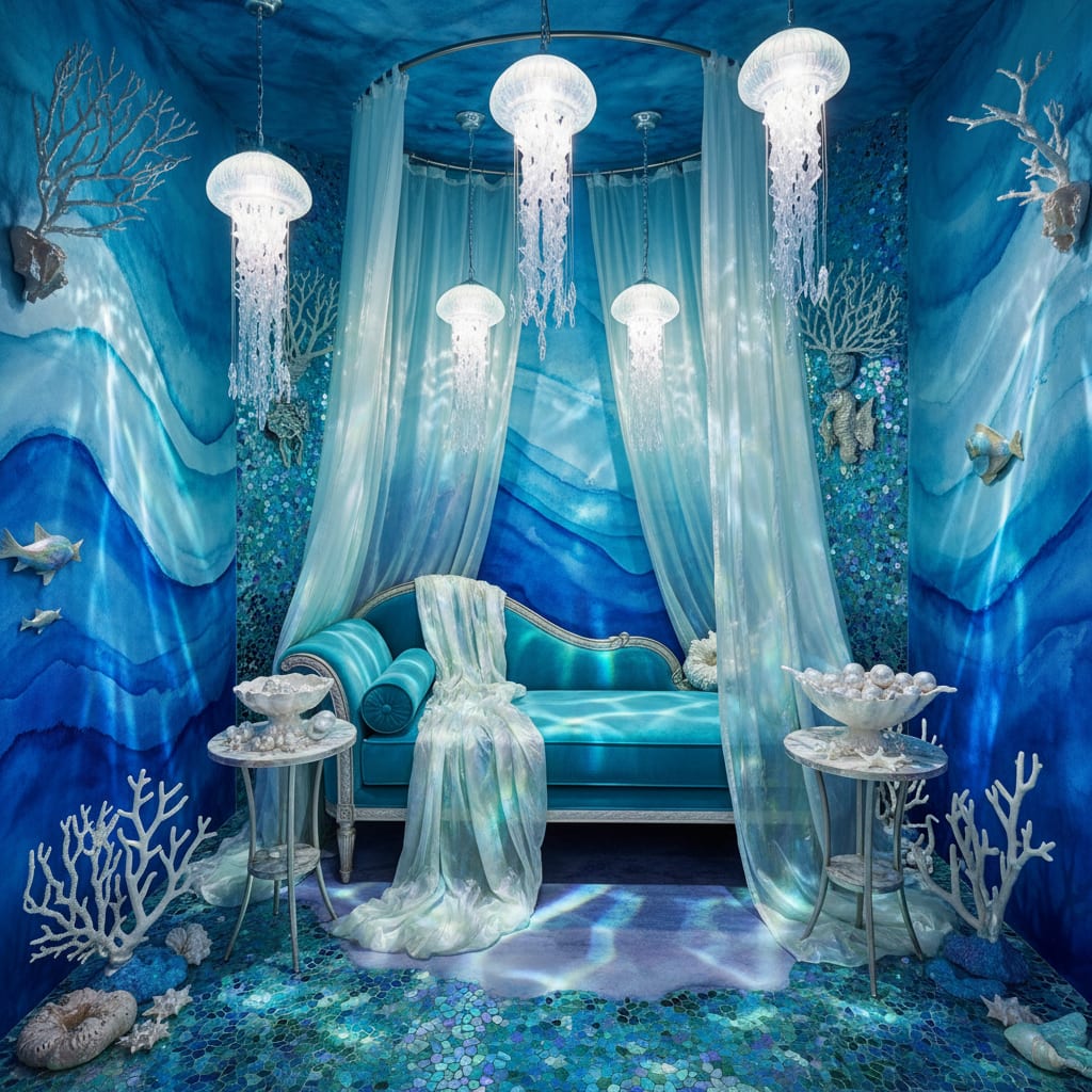 A Pisces ocean-grotto bedroom in deep aquas — a softer water-sign alternative to Scorpio, rendered by Architectural AI