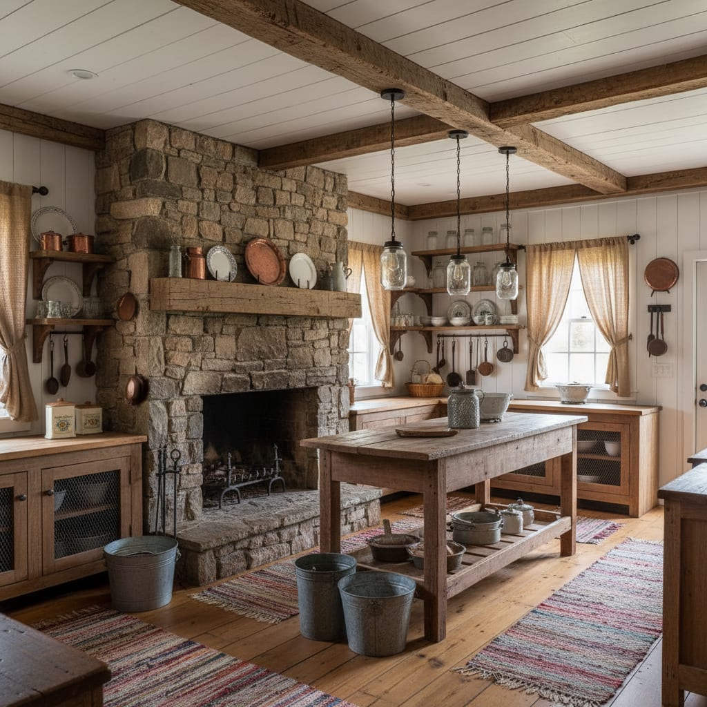 A rustic farmhouse living room with exposed timber and stone rendered by Architectural AI