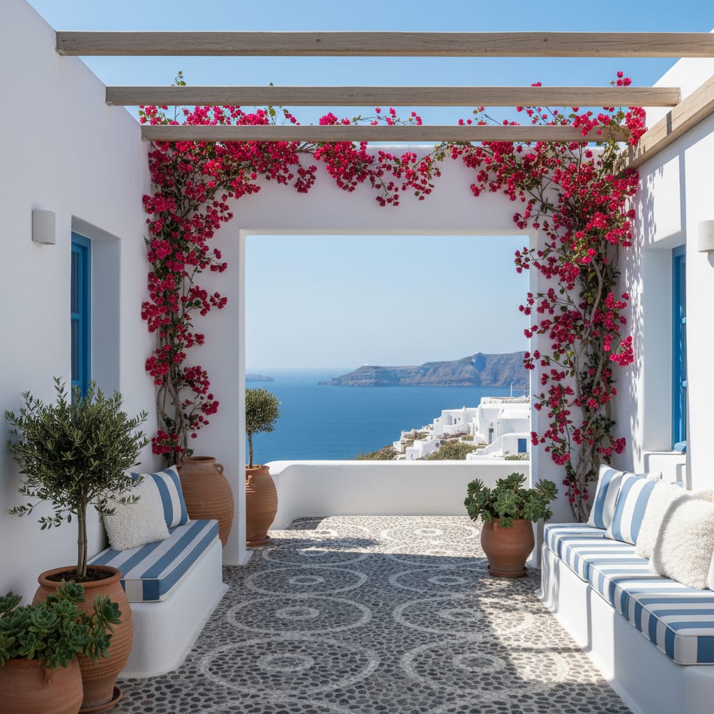 A whitewashed Santorini-style garden corner with blue accents, designed by Architectural AI