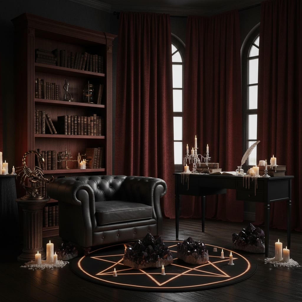 A moody mystical bedroom in deep burgundy and black with occult-inspired details, rendered by Architectural AI