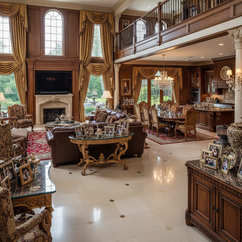 A retro suburban mansion den with wood tones and muted comfort, designed by Architectural AI