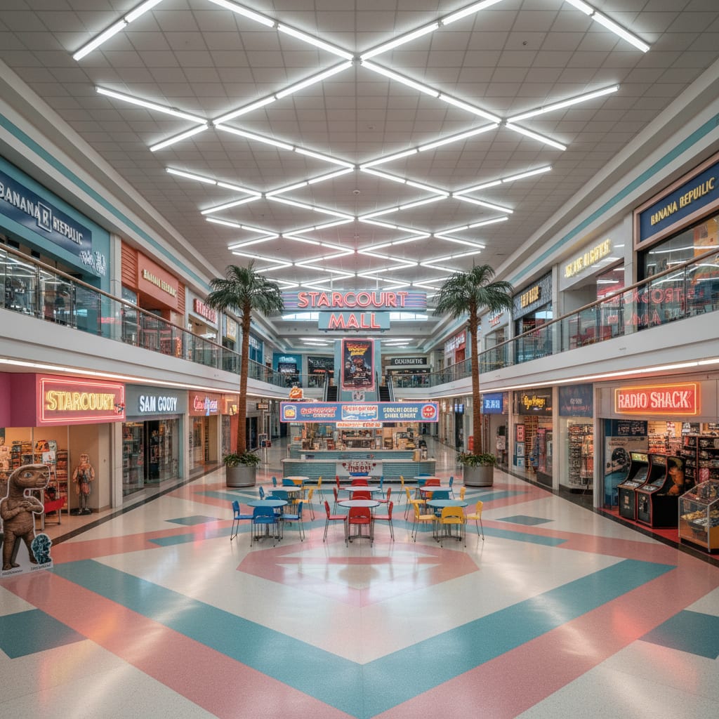 A Starcourt-style neon bedroom with retro mall glow in pink and cyan, designed by Architectural AI