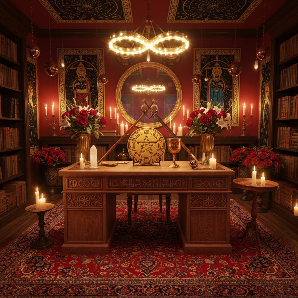 A dark, candlelit magician's study with old books and rich wood tones, close to a Hogwarts-style study corner, rendered by Architectural AI