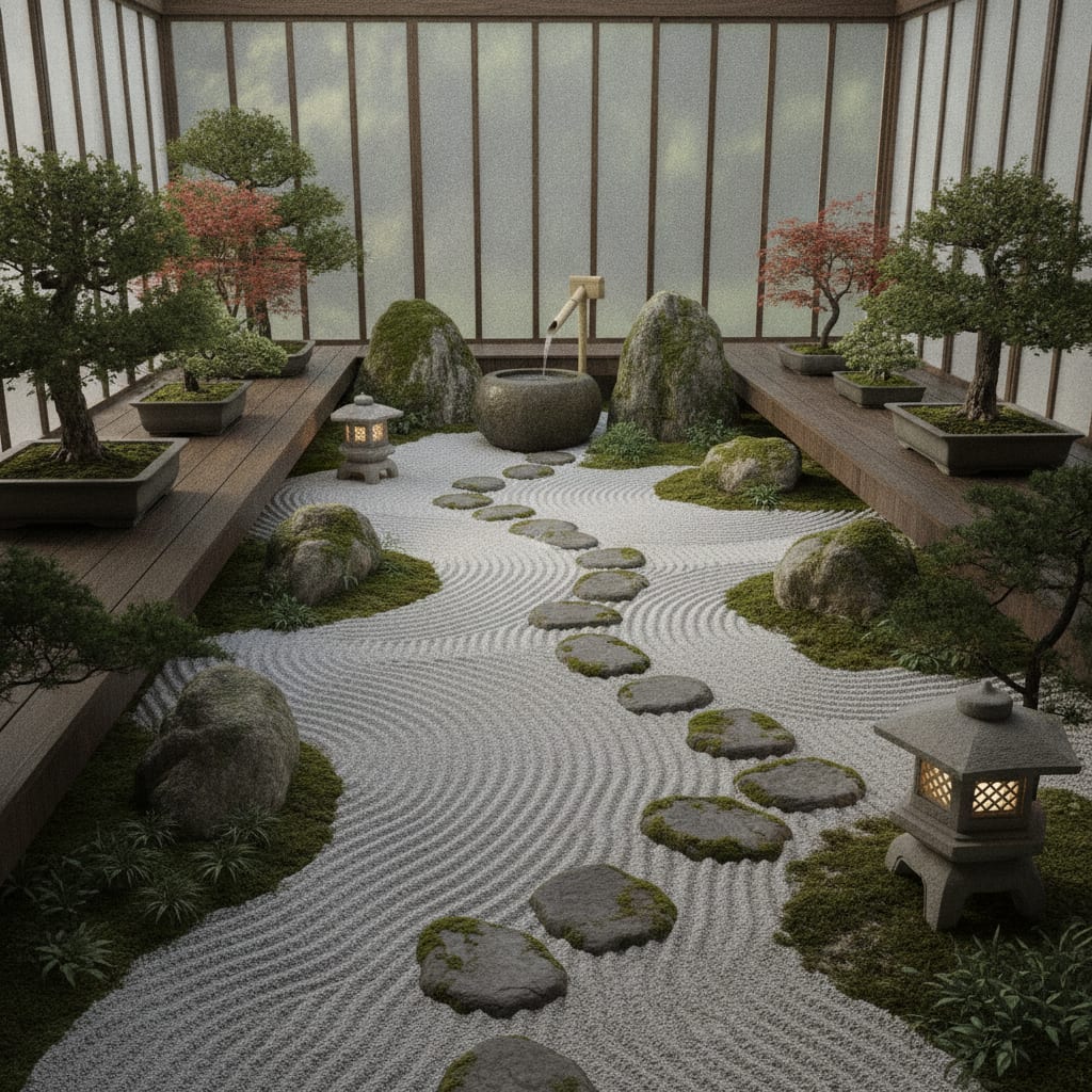 A backyard zen garden with raked gravel, feature stones and moss, designed by Architectural AI